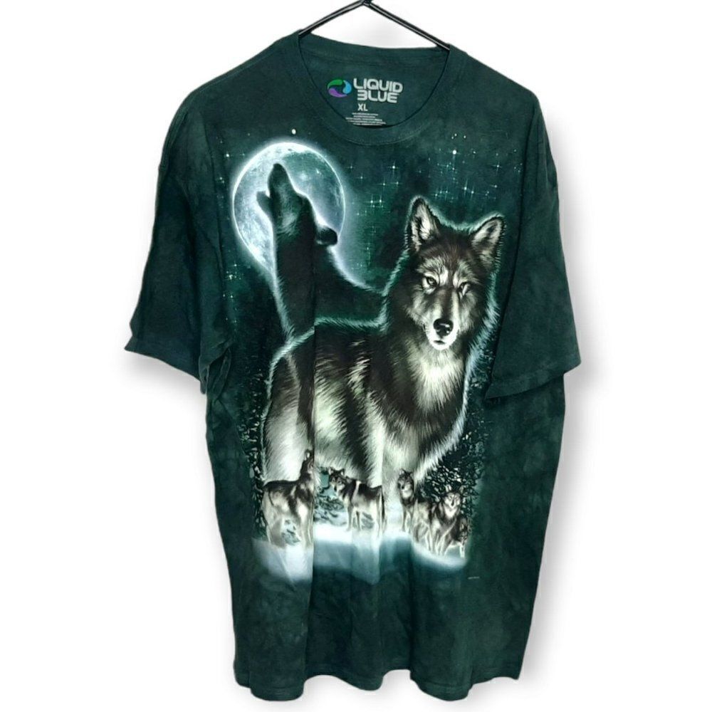 Liquid Blue Y2K Green Tie Dye Wolf Tee sz XL